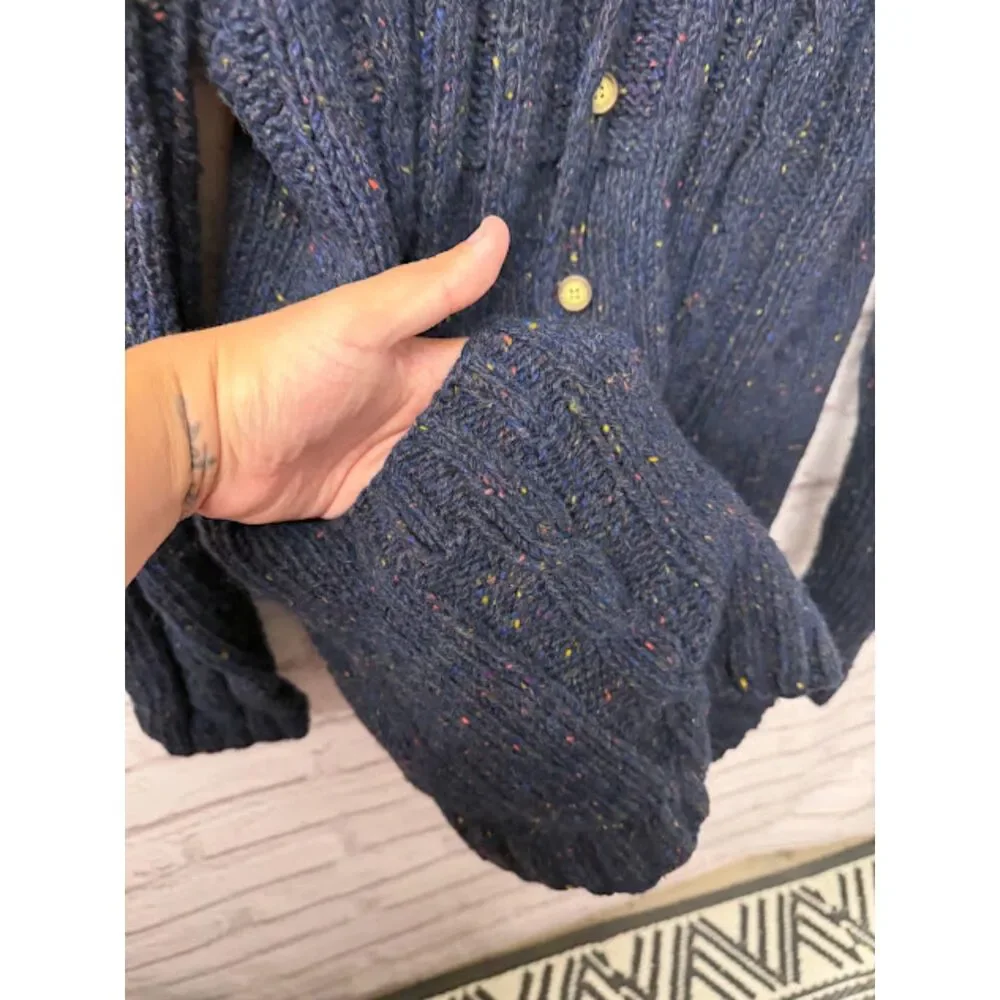 The J. Peterman Company Cardigan Sweater Medium Blue Wool Speckle Cable Knit
